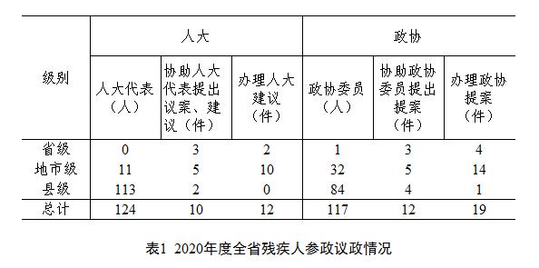 表1  2020年度全省殘疾人參政議政情況